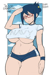 ... 1girls 2d artist_name big_breasts big_nipples blue_hair breasts chubby closed_eyes clothed clothes_writing clouds cowboy_shot crop_top curvaceous curves curvy curvy_body curvy_female curvy_figure curvy_hips embarrassed english_text erect_nipples eyelashes eyewear female female_only front_view gesture glasses gym_shorts hair_bun huge_nipples human joylewds large_breasts light-skinned_female light_skin marine_(one_piece) midriff navel nipple_bulge one_piece outdoors pale-skinned_female pale_skin red-framed_glasses salute short_shorts shorts sidelocks skimpy solo standing sweat tashigi tears text thick_thighs tight_clothing tight_shirt twitter_username underboob voluptuous wardrobe_malfunction watermark wristband