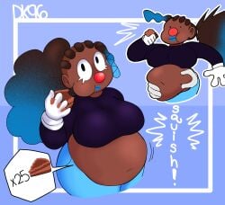 acci_(daisykitty96) belly belly_grab belly_play cake chubby chubby_female clown_girl daisykitty96 disembodied_hands eating female hands_on_belly multiple_images shortstack squishing_belly stuffed_belly