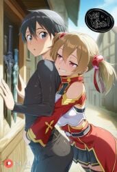 1boy 1futa ai_generated arched_back black_hair blush boy brown_hair fai_ai_ femboy futanari hugging hugging_from_behind kirito leaning_forward looking_back medium_breasts outdoors short_hair silica smirk standing twintails