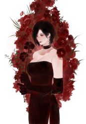 ada_wong bare_shoulders big_breasts black_choker black_dress black_gloves black_hair border breasts capcom choker cleavage collarbone cowboy_shot dated dress elbow_gloves female floral_background flower gloves hair_behind_ear hashtag-only_commentary highres holding holding_flower large_breasts mofa_shuimu_jiang parted_bangs red_flower resident_evil short_hair side_slit sign solo white_border