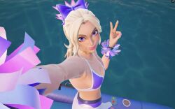 ai_generated blonde-haired_female blonde_female blonde_hair bra cheerleader curvy curvy_female curvy_figure female fortnite freckles freckles_on_face light-skinned_female pool pool_float purple_eyes selfie water