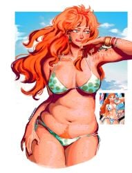 alamxartdump belly belly_button big_breasts big_hair bikini bikini_bottom bikini_top blue_eyes bracelet bracelets breasts carpet_matching_drapes clothing detailed earrings fanart fanart_from_twitter female female_only freckles freckles_on_arms freckles_on_belly freckles_on_body freckles_on_breasts freckles_on_chest freckles_on_face freckles_on_shoulders freckles_on_thighs ginger ginger_female ginger_hair happy_trail large_breasts licking_lips light_blue_eyes looking_away nami_(one_piece) nipple_bulge official_alternate_costume one_piece orange_hair pubic_hair pubic_hair_peek reference_image scar scars scars_on_arm self_harm_scars slight_underboob slightly_chubby slightly_chubby_female solo solo_female spotted_bikini thick thick_thighs tongue tummy twitter_link underboob wavy_hair