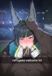1boy 1girls :>= ai_generated animal_ears bangs big_penis black_hair blunt_bangs blush cum cum_in_mouth dark-skinned_male dark_skin dark_skinned_male english_text eyebrows_visible_through_hair fellatio female fox_ears generic_dark-skinned-muscular_male hoshimi_miyabi interracial long_hair meti935 oral penis pubic_hair red_eyes solo_focus straight sweat veiny_penis zenless_zone_zero