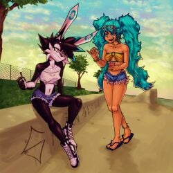 2girls abdomen adults ankle_bracelet anklet anthro anthropomorphic anthropomorphic_bunny anthropomorphic_rabbit bare_legs beverage black_fur blue_eyes blue_hair blue_highlights bracelet bracelets braided_hair brazil brazilian_colors brazilian_female brazilian_miku bunny bunny_ears buttoned_clothing chainlink_fence chatting cheek_tuft cheek_tufts cigarette clavicle clavicles collarbone collarbones concrete concrete_wall cyan_hair day daytime denim_shorts drink ear_pattern ear_piercing evening eyebrow eyebrows eyebrows_hidden_by_hair face_tuft fence flip_flops friendly friends fuckable_butt graffiti graffiti_on_wall grass greeting hair_tuft hair_tufts hand_gesture hanging_out head_tilt hill hips horizon knees lean_figure lit_cigarette messy_hair multicolored_ears multicolored_eyes multicolored_hair multicolored_shoes necklace nike_logo nike_shoes no-show_socks no_shirt outdoors panties panty_straps perky_breasts pierced_ear pierced_ears plastic_cup pointy_breasts ponytails public public_park purple_eyes rabbit rabbit_ears red_liquid rib_line rib_lines round_breasts running_shoes sandals sandles shades shadows shoes sitting slim slim_anthro slim_female slim_girl slim_waist slope smash smirk smoke sports_bra springless springlessecho straw sunglasses sunglasses_on_head tan_skin them_thighs thighs tree trees two_girls underboob urban_background visible_panties walking white_fur white_pupil white_pupils white_sports_bra