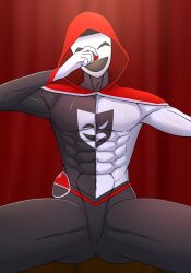 abs bara big_penis black_and_white clothing clown costume faceless_male happy male male_only mask masturbation miraculous_ladybug muscle muscular nose pecs penis psychomedian purple_skin scenery solo solo_male villain zeta_ka