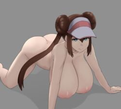 1girls all_fours alternate_breast_size areolae ass big_areola blue_eyes breasts brown_hair cleavage collarbone double_bun eye_contact female female_only ghost_nipples grey_background hair_buns half-closed_eyes hanging_breasts hat highres huge_areolae huge_breasts human human_only inverted_nipples large_areolae large_breasts long_breasts long_hair looking_at_viewer nao_(ritsancrossover) nintendo nipples nude pink_areola pokemon pokemon_bw2 pose rosa_(pokemon) sagging_breasts sidelocks smile solo thigh_gap twintails visor_cap