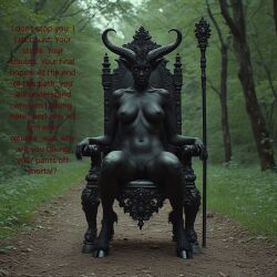 1girls ai_generated breasts chair dark_skin demon_girl demon_horns english_text forest hooves horns horror humanoid monster_girl naked nude original original_character rod scary scary_face sitting_on_chair text threat threatening
