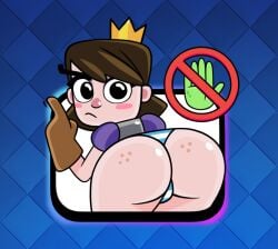 ass ass_focus back_view bent_over brown_gloves butt_focus clash_(series) clash_royale crown emote emote_(clash_royale) emotes female freckles freckles_on_ass freckles_on_butt gameplay_mechanics gloves hand_gesture high_resolution highres looking_at_viewer panties presenting_hindquarters princess_(clash_royale) prohibition_sign pussy smetannik_(artist) solo solo_female striped_panties undressed