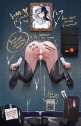 absurdres after_anal after_sex after_vaginal anus ass black_hair black_shoes black_thighhighs blush body_writing bondage commentary condom condom_box cum cum_in_ass cum_in_pussy cum_on_body cum_on_floor cum_on_picture cum_on_wall cumdrip dress eileennoir english_commentary english_text female glory_wall hat highres indie_virtual_youtuber jewelry juxtaposition long_hair long_sleeves multicolored_hair necklace note photo_(object) pointy_ears portrait_(object) public_use purple_eyes pussy qr_code shoes si_farid sign smile solo straight stuck table tally thighhighs through_wall trash_can twitching two-tone_hair used_condom virtual_youtuber wall_shelf white_dress white_hair