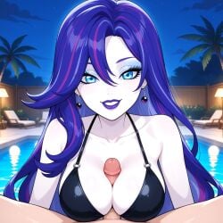 1boy 1girls ai_generated bikini blue_eyes breasts cleavage earrings eyeshadow ghost ghost_girl human_male human_on_ghost in_pool in_water large_breasts lipstick long_hair male_human/female_ghost monster_high naked naked_male night nude nude_male outdoor_pool outside paizuri pale-skinned_female pale_skin partial_male penis_between_breasts pool pov purple_hair smile spectra_vondergeist white_skin