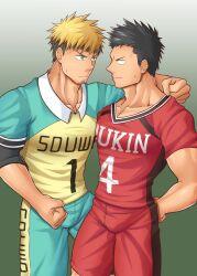 2boys athletic athletic_male ayumu_rokugen bara beard_stubble biceps black_hair blank_eyes blonde_hair bulge bulge_through_clothing burning_kabaddi collarbone duo dyed_hair frown gay gradient_background green_eyes hand_on_another's_shoulder hands_behind_back hi_res looking_at_another male male/male male_only manly mature_male multicolored_hair muscles muscular muscular_arms muscular_male no_pupils pecs ryotaro_810 shinji_date short_hair simple_background slim_waist sport sportswear standing staring sweat sweatdrop tight_clothing tough_guy two-tone_hair very_high_resolution yaoi