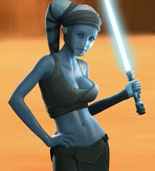 1girls aayla_secura abs alien alien_girl athletic attack_of_the_clones blue_lightsaber blue_skin breasts cleavage clothed desert female female_only geonosis hand_on_hip holding_sword holding_weapon lightsaber looking_at_viewer midriff navel porcupine solo solo_female standing star_wars sword twi'lek