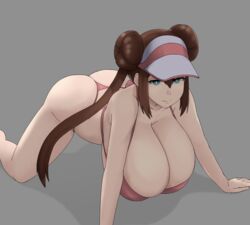 1girls all_fours alternate_breast_size ass blue_eyes bra breasts brown_hair cleavage double_bun eye_contact female female_only grey_background half-closed_eyes hanging_breasts hat highres huge_breasts human human_only large_breasts long_breasts long_hair looking_at_viewer nao_(ritsancrossover) nintendo panties pink_bra pink_panties pokemon pokemon_bw2 pose rosa_(pokemon) sagging_breasts smile solo thigh_gap twintails_(artist)