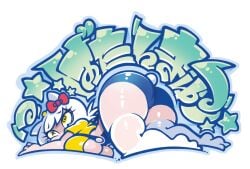 2d 2d_(artwork) ass_up big_breasts fat_ass female female_focus female_only graffiti hello_kitty hello_kitty_(character) hello_kitty_(series) hello_kitty_girl kitty_white minus8 overalls sanrio sfw solo thick_thighs thighhighs underboob white_hair