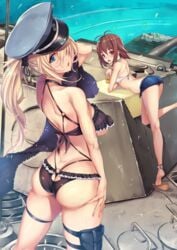 2girls ahoge ass ass_cleavage bikini blonde_hair blue_eyes bra breasts brown_hair butt_crack clothing cover cover_page day dimples_of_venus female frilled_bra frilled_panties frilled_underwear frills from_behind fukai_ryousuke ground_vehicle hat iron_cross large_breasts legs light-skinned light-skinned_female lingerie long_hair medium_breasts military military_hat military_vehicle motor_vehicle multiple_girls ocean original pantsu panzerkampfwagen_panther peaked_cap posterior_cleavage short_hair soles swimsuit tank thighs thong tiptoes underboob underwear vehicle viewed_from_behind water world_war_2 yuri