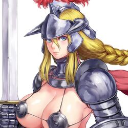 1girls areola_bulge bikini_armor bikini_top blonde_hair blue_eyes breasts cleavage female female_only helmet holding holding_weapon looking_at_viewer mikanman nipple_bulge nipples pointless_armor solo solo_female string_bikini sword