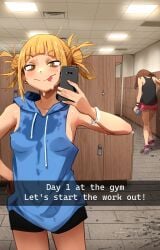2girls :p absurdres after_cunnilingus ankle_socks arm_at_side armpits bags_under_eyes bare_shoulders biting biting_ear black_shorts black_tank_top blonde_hair blue_hoodie blunt_bangs blush boku_no_hero_academia bottle breasts brown_hair ceiling cellphone cleavage closed_mouth clothes_lift commentary dolphin_shorts double_bun drink dripping english_commentary english_text eyes_out_of_frame fluorescent_lamp gym hair_bun hair_up hand_on_another's_face hand_on_own_hip head_out_of_frame highres himiko_toga holding holding_bottle holding_drink holding_phone holding_water hood hood_down hoodie humor_porn humorous implied_after_cunnilingus implied_after_sex implied_cunnilingus implied_orgasm indoors khyleri locker locker_room looking_at_viewer looking_down loose_hair_strand medium_breasts messy_hair multiple_girls my_hero_academia no_bra paid_reward_available phone photo-referenced pink_shoes pink_shorts puddle pussy_juice pussy_juice_on_face pussy_juice_stain selfie shirt shirt_lift shoes short_hair short_shorts shorts sideboob sleeveless sleeveless_hoodie slit_pupils smartphone smile sneakers socks standing subtitled sweat tank_top tile_ceiling tile_floor tiles toga_himiko tongue tongue_out uraraka_ochaco vent_(object) very_sweaty walking water_bottle wavy_mouth wet wet_clothes wet_shirt white_socks wristband yellow_eyes yuri