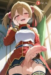 1futa ai_generated big_penis brown_hair close-up curved_penis exposed_penis fai_ai_ futanari hand_on_face looking_at_viewer medium_breasts penis_grab presenting_penis short_hair silica standing sword_art_online twintails