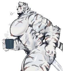 anthro arknights big_muscles big_pecs body_hair breath chest_hair container cup graysheartart hi_res homfnomf huge_pecs hypergryph male mountain_(arknights) muscular nude pecs pubes scar solo studio_montagne