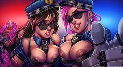 2girls alternate_costume areolae big_breasts breasts caitlyn_kiramman canon_couple erect_nipples female female_only large_breasts league_of_legends looking_at_viewer looking_over_eyewear looking_over_glasses multiple_girls nipples officer_caitlyn officer_vi parsujera sunglasses tinted_eyewear vi