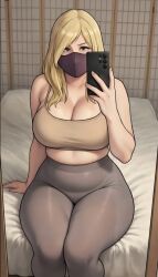 1girls actress ai_generated alexbreecooper bed blonde_hair clothing female grok mask masked_female mirror mirror_selfie real_person selfie sitting_on_bed