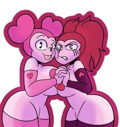 2girls :3 annoyed big_breasts black_eyes breast_press breasts cartoon_network dual_persona gem gem_(species) heart holding_hands looking_at_viewer naked nathanatwar pink_eyes pink_hair pink_skin reset_spinel_(steven_universe) selfcest spinel_(steven_universe) steven_universe thick_thighs thighs tongue_out twintails whateverdoes