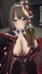 1girls alcohol beer breasts drinking female head_accessory inner_sideboob japanese_clothes kimono large_breasts leotard looking_at_viewer silentium1620 silya sitting tagme vrchat vrchat_avatar
