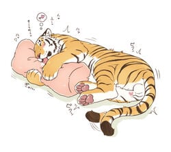 2014 balls felid feral gay genitals giraffe_(artist) japanese_text lying male mammal pantherine pillow solo text tiger translation_request