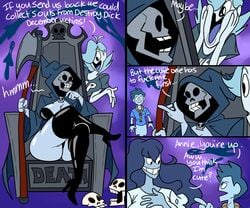 1boy 3girls annie_roberts_(wappah) big_breasts cleavage desmond_lewis_(wappah) female ghosts grim_reaper huge_breasts la_muerta_(wappah) large_breasts larger_female scythe shelly_winslow_(wappah) skull smaller_male thick_thighs thigh_highs wappah