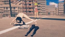 2girls ass black_hair brown_hair closed_eyes female jack-o_pose koikatsu latam_virtual_youtuber lin_kaimane masturbation_through_clothes nude_female owozu sirivt virtual_youtuber vtuber