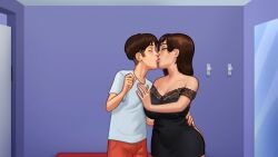 1boy 1boy1girl 1girls 2d 2d_(artwork) big_breasts breasts brown_hair cleavage darkcookie debbie_(summertime_saga) digital_drawing_(artwork) digital_media_(artwork) dress kissing light-skinned_female light-skinned_male light_skin main_character_(summertime_saga) making_out male male/female milf mirror mirror_reflection reflection summertime_saga zipper zipper_down zipper_pull_tab