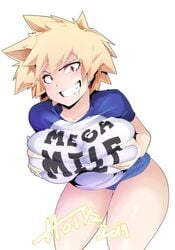 1girls 2019 blonde_hair blush breast_grab breasts busty dated drooling english_text eye_contact female female_only fully_clothed grabbing_own_breast grin hi_res hotvr large_breasts leaning_forward light-skinned_female light_skin looking_at_viewer mature_female mega_milk meme milf mitsuki_bakugou my_hero_academia pose red_eyes short_hair signature simple_background smile solo solo_female spiky_hair text thick_thighs thigh_gap thighs white_background wide_hips