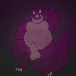 1:1 anthro balls belly bodily_fluids ceratopsian ceratopsid chasmosaurine dinosaur facial_horn genital_fluids genitals hi_res horn lunarbuho male marginocephalian muscular muscular_arms muscular_thighs nose_horn ornithischian overweight overweight_male penis precum prehistoric_species reptile scalie simple_background solo tail triceratops