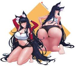 ahri animal_ears ass big_ass black_hair blush breasts cameltoe choker cleavage drogod_(artist) feet female fox_ears highleg_panties large_breasts league_of_legends long_hair looking_back midriff pussy riot_games short_shorts shorts source_request sweat whisker_markings wide_hips yellow_eyes