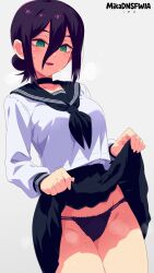 ai_generated black_choker black_hair blush chainsaw_man choker collared_shirt cowboy_shot faceless_male female gloves gradient_background green_eyes groin hair_between_eyes lifted_by_self long_sleeves mature_female medium_breasts medium_hair mikadnsfwia neckerchief open_mouth panties pleated_skirt purple_hair reze_(chainsaw_man) sailor_collar school_uniform serafuku shirt short_hair single_hair_bun skirt skirt_lift solo steaming_body sweat white_shirt
