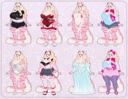 4_toes anthro areola areola_slip big_breasts blonde_hair blue_eyes bottomwear bow_ribbon breasts cleavage clothed clothing curvy_figure dress feet felid female fishnet_clothing fishnet_legwear footwear fur genitals hair hi_res high_heels huge_breasts jacket legwear long_hair looking_at_viewer mammal marzipan_(tiggybloom) midriff nipples overweight overweight_anthro overweight_female pantherine panties pink_body pink_fur shirt shoes shorts skimpy solo standing stockings striped_body striped_fur stripes t-shirt thick_thighs thigh_highs tiger tiggybloom toes topwear translucent translucent_clothing underwear voluptuous vulva white_body white_fur wide_hips