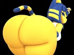 animal_crossing ankha ankha_(animal_crossing) ankha_(hazeker) anthro ass bent_over big_butt black_nose blue_hair butt_focus cindablimp egyptian felid feline female hair hazeker looking_at_viewer mammal nintendo solo tail yellow_body