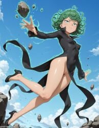 ai ai_art ai_generated aura black_dress black_footwear blue_sky breasts cleft_of_venus closed_mouth cloud covered_navel covered_nipples curly_hair day dress female female_only flipped_hair floating floating_object floating_rock full_body green_eyes green_hair high_heels levitation long_sleeves no_panties one-punch_man outdoors pelvic_curtain petite psychic pussy rock short_hair side_slit sky small_breasts solo tagme tatsumaki telekinesis thighs uncensored web_address xxai