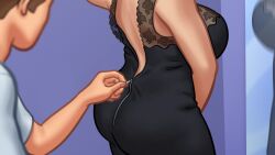 1boy 1boy1girl 1girls 2d 2d_(artwork) big_breasts breasts darkcookie debbie_(summertime_saga) digital_drawing_(artwork) digital_media_(artwork) dress light-skinned_female light-skinned_male light_skin main_character_(summertime_saga) male male/female milf sideboob summertime_saga zipper zipper_down zipper_pull_tab