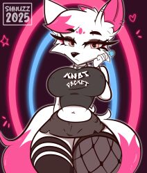 2_tails absurd_res alternative_fashion anthro bottomwear bracelet candy canid canine clothing collar curvy_figure dessert ear_piercing emo eyebrow_piercing facial_piercing female fishnet_clothing food fox fur furry goth hi_res jewelry legwear lollipop looking_at_viewer makeup mammal miniskirt multi_tail navel navel_piercing nipple_outline nipple_piercing nipples piercing pink_body pink_ears pink_eyes pink_fur shirt shnuzzlez skirt solo tail tank_top thick_thighs thigh_highs topwear white_body white_fur wide_hips zoey_patelle_(shnuzzlezz)