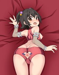 1girls anus ass baby_face bed black_hair blush brown_eyes cameltoe dress female fishnet fishnets functionally_nude hands heart_shape legs lingerie open open_mouth open_shirt pigtails short_hair sleeves uncensored underwear undressing vagina young