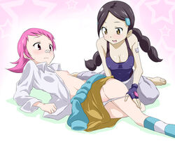 2girls bandaid bandaid_on_nose barefoot black_hair blush braid breasts brown_eyes candice_(pokemon) cleavage clothing_swap cosplay costume_switch dress_shirt erect_nipples feet female female_only fingerless_gloves flat_chest footwear gloves gym_leader gym_leader_(cosplay) hair_ornament hairclip human human_only large_breasts long_hair maylene_(pokemon) multiple_females nintendo nipples no_bra open_clothes open_mouth open_shirt panties panty_pull pink_eyes pink_hair pokemon pokemon_dppt shirt short_hair short_pink_hair socks star stars striped striped_socks sweater_around_waist toru_k twin_braids underwear yuri