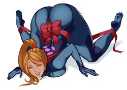 2015 all_fours ass bent_over blonde_hair blue_eyes bodysuit breast_press colored colorized edit feet female female_only human lace legoman metroid nintendo open_mouth ponytail ribbon samus_aran smile solo splashbrush third-party_edit tied_hair tight_clothes wrapped zero_suit zero_suit_samus