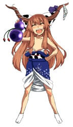 bare_shoulders brown_hair closed_eyes clothes_down drunk gourd hand_on_hip horns japanese_clothes kimono kimono_down kirisato_itsuki long_hair open_mouth panties socks solo suika_ibuki tabi topless touhou underwear