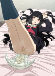 ai_enma bangs bed bed_sheet black_clothing black_hair blunt_bangs blush censored diaper female hair_spread_out head_on_pillow hell_girl hime_cut jigoku_shoujo legs_up long_hair looking_at_viewer lying lying_on_back lying_on_bed mosaic_censoring on_back on_bed open_mouth peeing peeing_self pillow pussy red_eyes school_uniform sheets skirt soiling soiling_diaper solo solo_female stockings tagme urinating urinating_female urination urine wet_diaper wetting wetting_diaper wetting_self