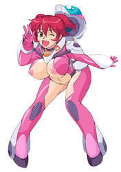 1girls bodysuit breasts brown_eyes female freckles gundam gundam_00 helmet highres large_breasts muimui muimuimu nena_trinity nipple_slip nipples no_panties open_mouth pregnant red_hair simple_background smile solo v wink