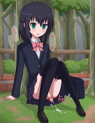 1boy black_hair cum green_eyes haniwa_(kiminozorazio) outdoors penis sitting skirt solo thighhighs trap