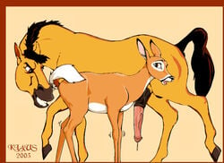 2003 bambi_(film) cervine crossover deer disney dreamworks faline female feral_only horse imminent_rape klaus_doberman penis spirit:_stallion_of_the_cimarron spirit_(character)