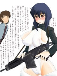 1girls blush breasts cameltoe female female_focus fn_fal ghost_in_the_shell ghost_in_the_shell_stand_alone_complex gun highres huge_breasts japanese_text kusanagi_motoko mullet red_eyes rifle sweat thighhighs togusa translation_request trigger_discipline weapon white_background