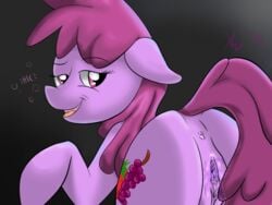 abstract_background anus back_turned bedroom_eyes berry_punch_(mlp) clitoris cutie_mark drunk equine female friendship_is_magic fur hair hi_res hiccuping hooves horse looking_at_viewer looking_back mammal my_little_pony open_mouth pony presenting purple_eyes purple_hair pussy pussy_juice raised_tail smile smooth_skin solo violise